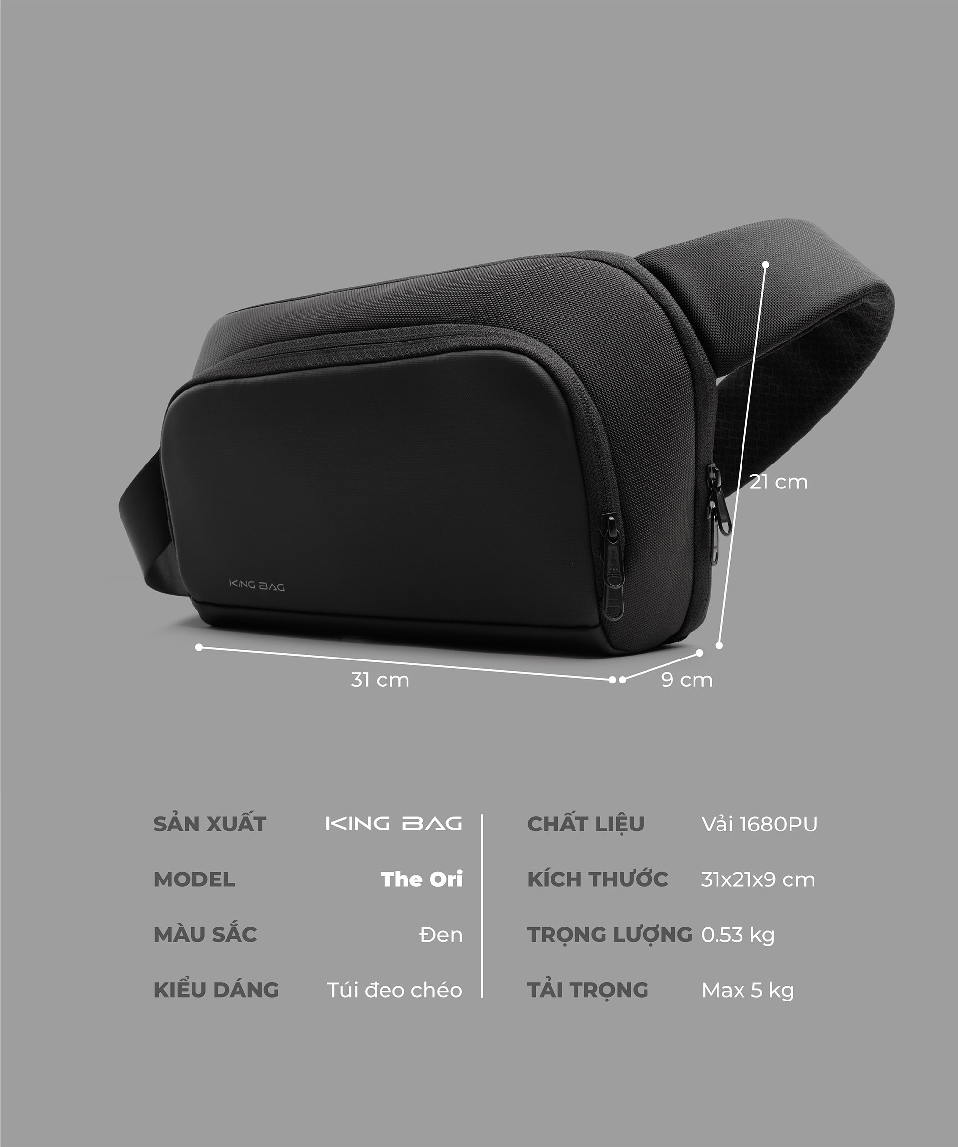 Túi đeo chéo đẳng cấp, hiện đại KINGBAG ORI 9.7”, nhiều ngăn, chống trộm vải kháng nước tốt, khóa YKK, màu đen - Hàng chính hãng