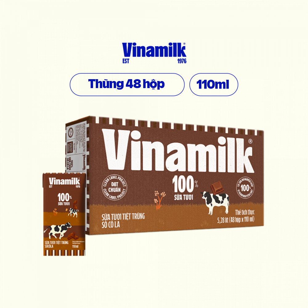 Thùng 48 Hộp Sữa Tươi Tiệt Trùng Vinamilk 100% Sôcôla (110ml / Hộp)