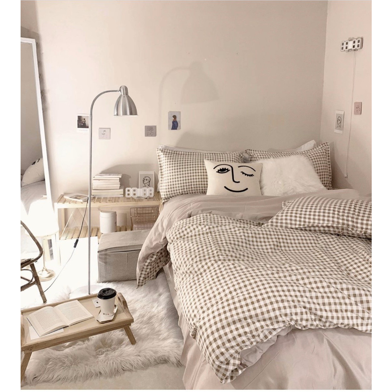 Set 5 Món Chăn Chần Bông Ga Gối Cotton SP000661 - Caro Nâu Nhạt - TẶNG 01 MÓC KHÓA HOUSTON