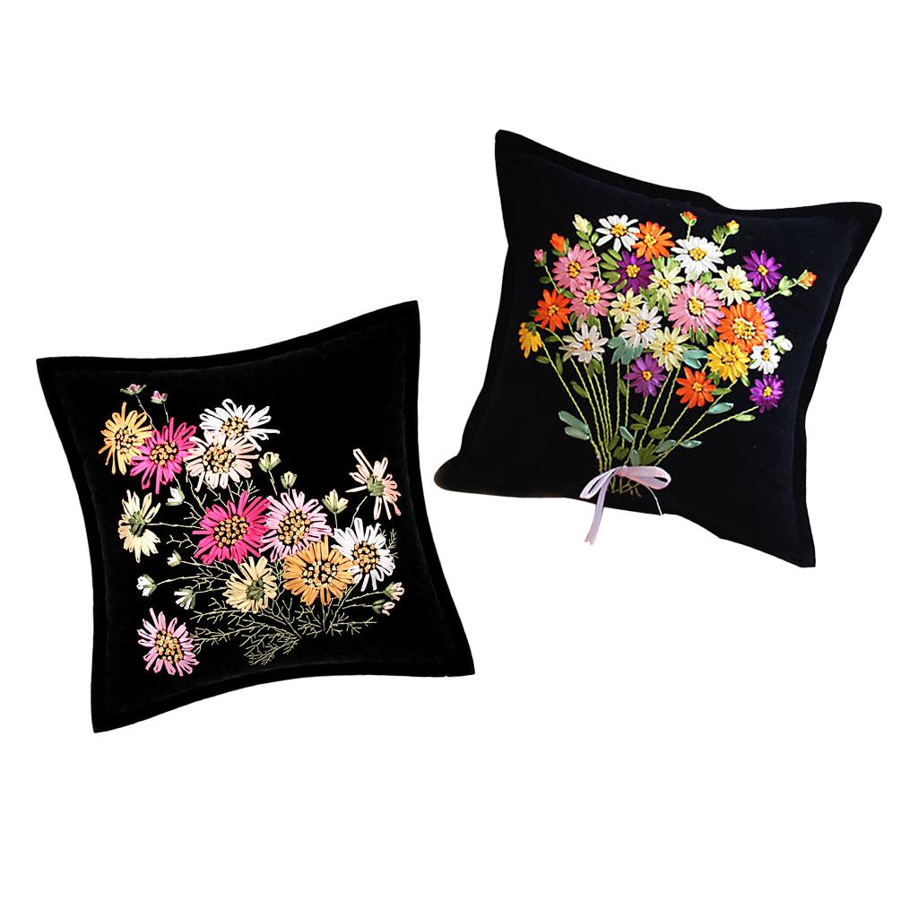 2pcs Daisy Flower Ribbon Cross Stitch Kits Embroidery Car Cushion Covers DIY