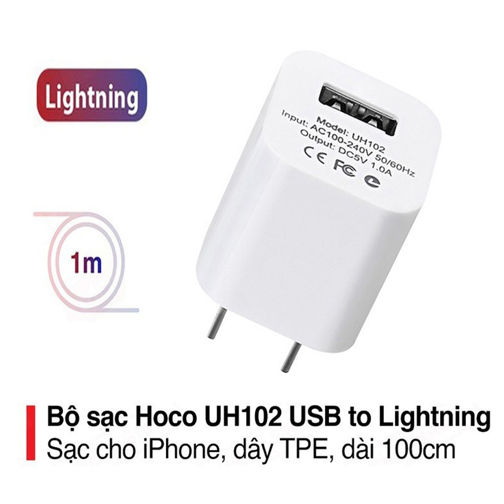 Bộ sạc 1A Hoco UH102 chân dẹt 1 cổng USB kèm dây sạc dành cho iPhone - Hàng chính hãng