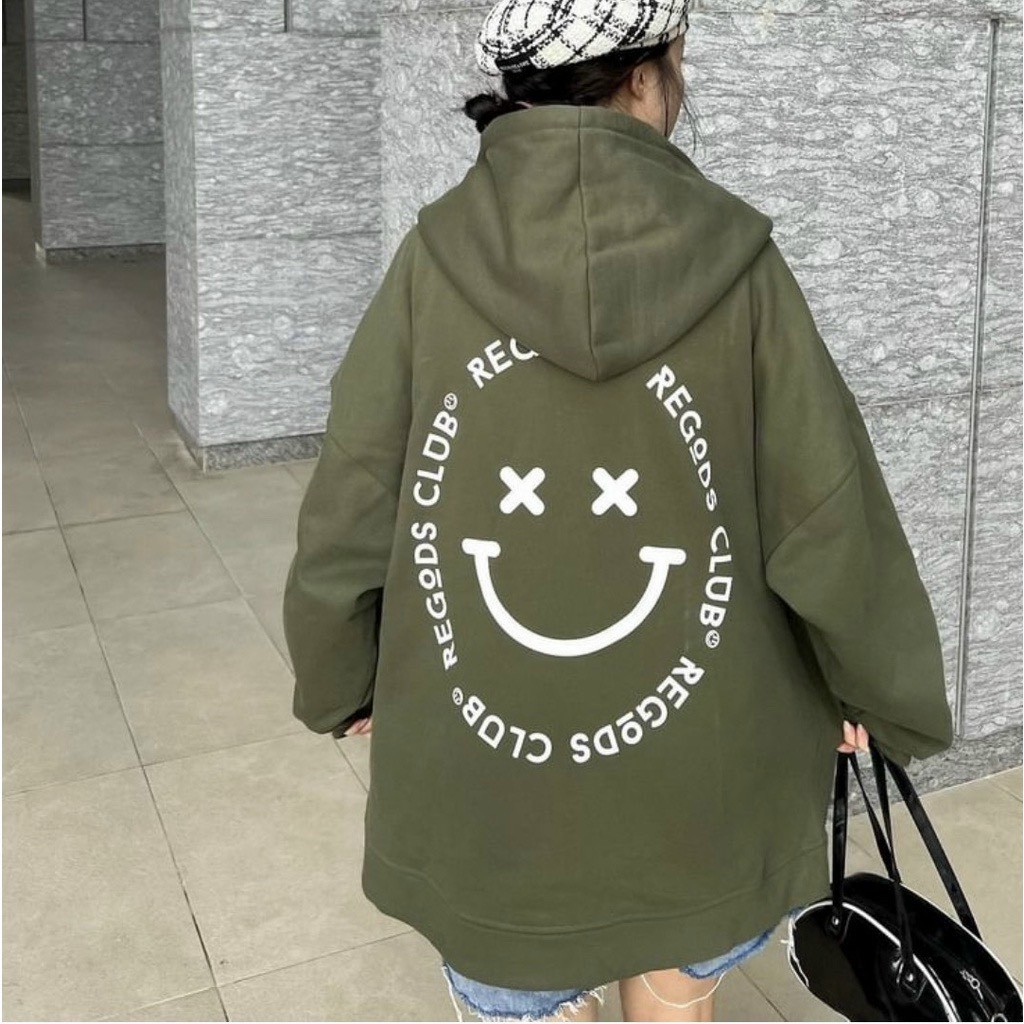 Áo khoác nỉ nữ hoodie form rộng cute hàn quốc, Áo Nỉ hoodie REG Nam Nữ Áo Mặt Cười Dáng Unisex Thời Trang, Áo Hoodie mặt cười sau lưng xanh rêu - Khoác nỉ dáng rộng unisex nam nữ