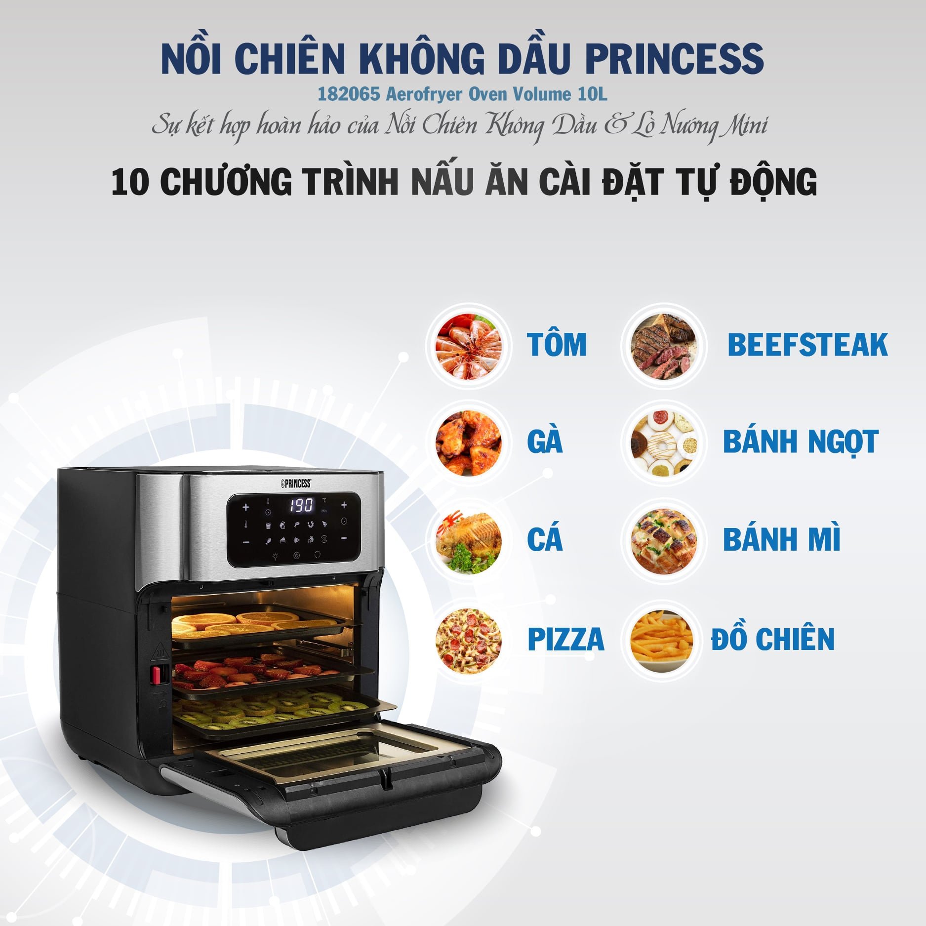 Nồi chiên không dầu 10L-12L PRINCESS Hàng Nhập Khẩu Chính Hãng Hà Lan, Chế Độ Cài Đặt Sẵn Tiện Lợi