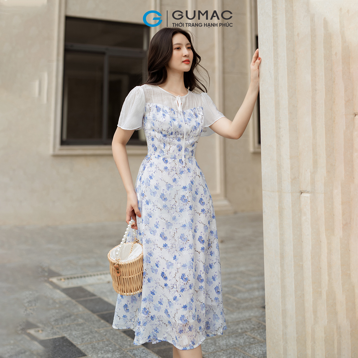 Đầm hoa phối vải tơ GUMAC DD05038