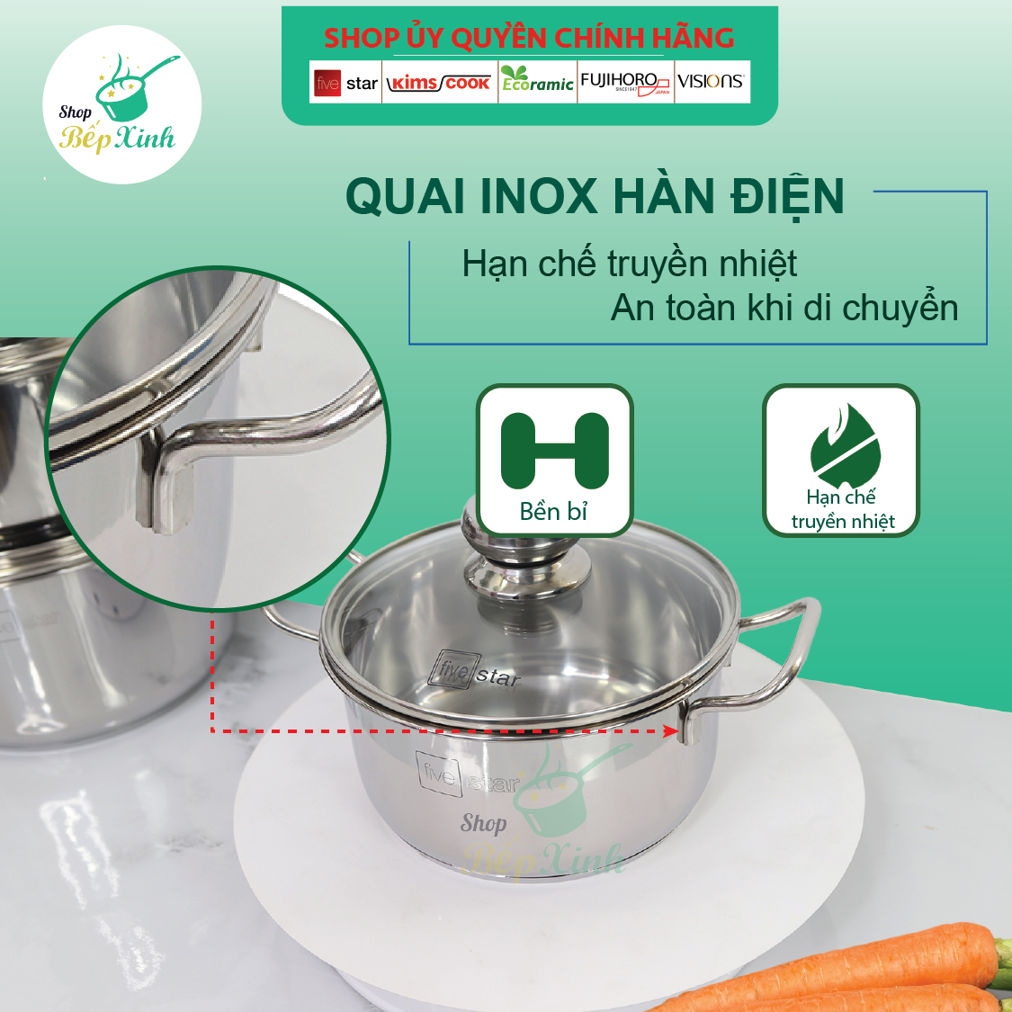 Bộ Nồi Inox 430 Bếp Từ 3 Đáy 3 Món Nắp Kính Fivestar Tặng 2 Muỗng Canh