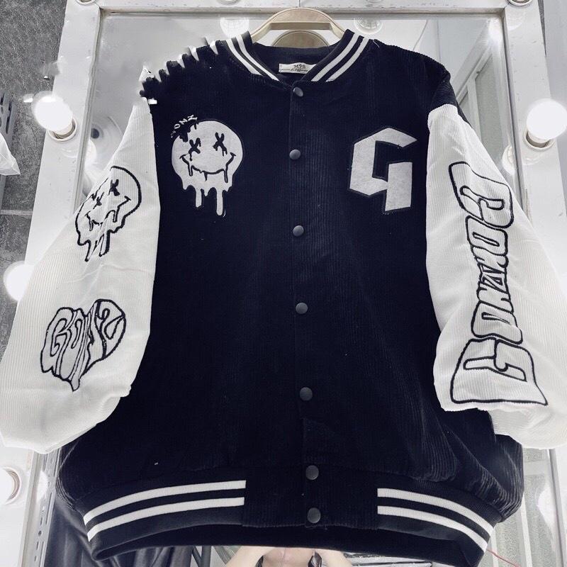 Áo Khoác Nhung Gân Tăm Bomber Jackets Thêu Logo G.O.N.Z Cúc Bấm Unisex Nam Nữ Form Rộng Ulzzang