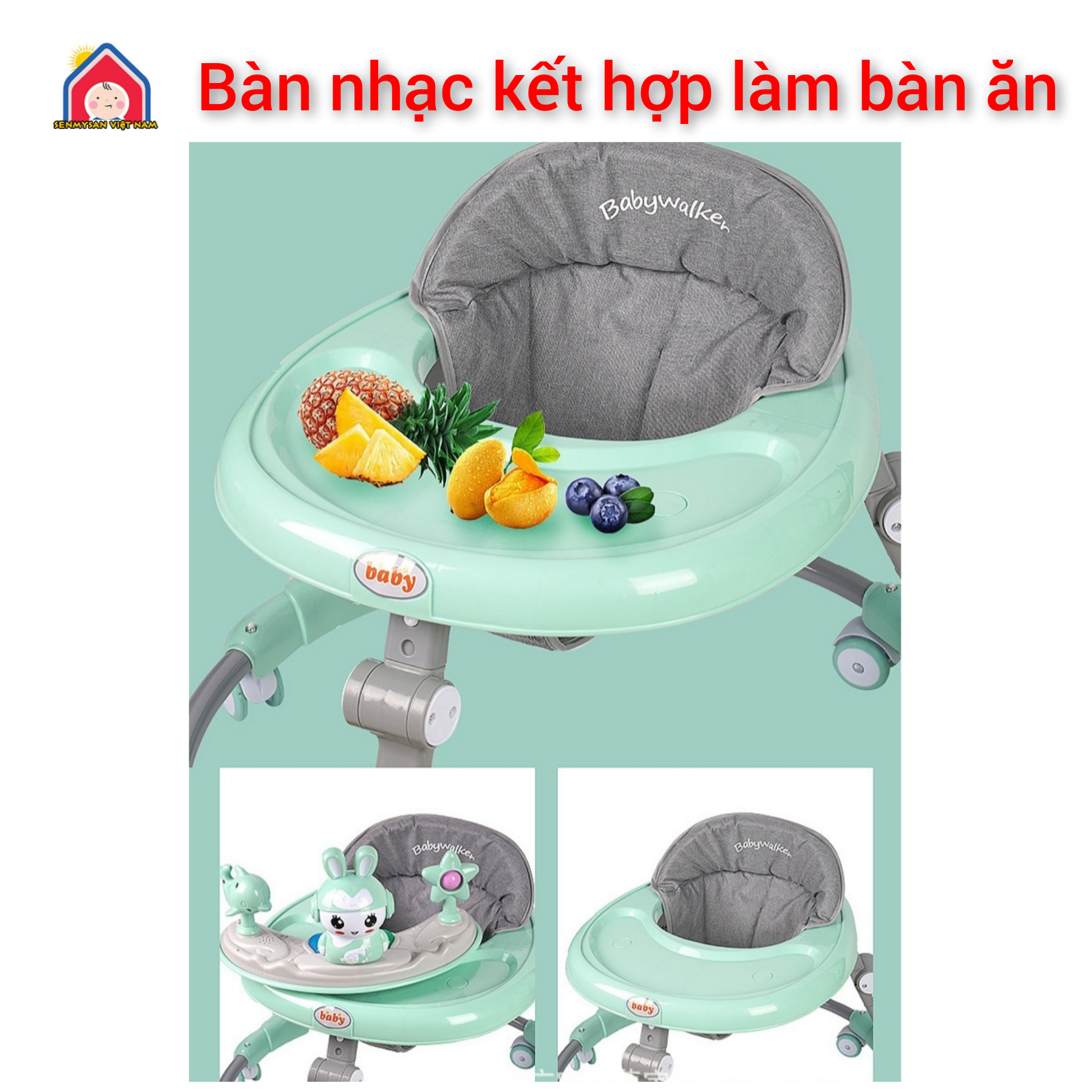 xe chạy tròn tập đi cho bé có tay đẩy+bàn nhạc tích hợp làm bàn ăn+6 nấc chỉnh cao thấp