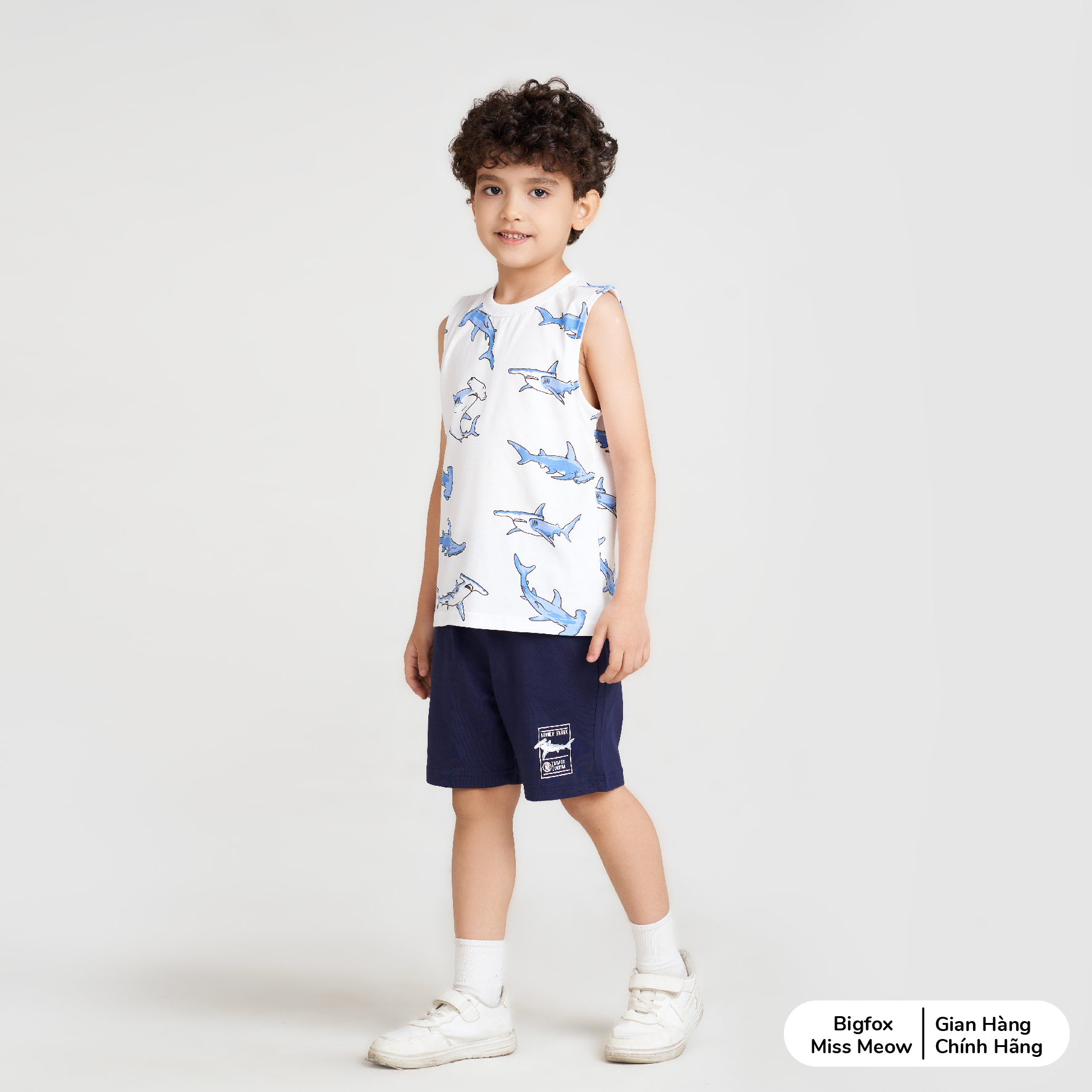 Bộ đồ sát nách cho bé trai Bigfox Miss Meow size đại mùa hè vải cotton kiểu ba lỗ in cá mập 3,7,9,11 tuổi 30kg 40kg 1929