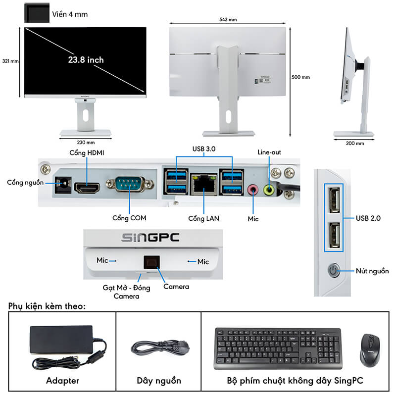 Máy tính All In One SingPC M24Pi582-W (i5-10400/8GB/256GB/23.8 inch-FullHD/ Wifi/Bluetooth/Camera/Loa/K-M/Win10Pro) - Hàng chính hãng