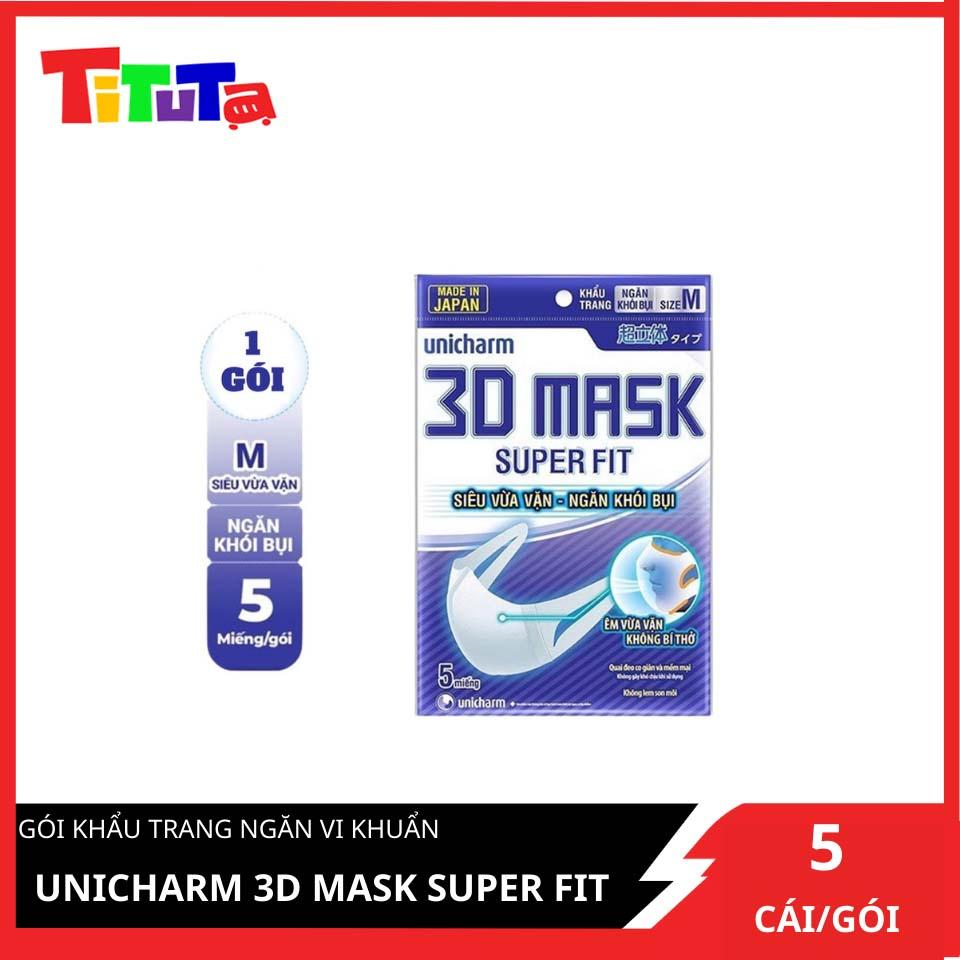 Khẩu trang ngăn khói bụi Unicharm 3D Mask Super Fit (Ngăn được bụi mịn PM10) gói 5 miếng