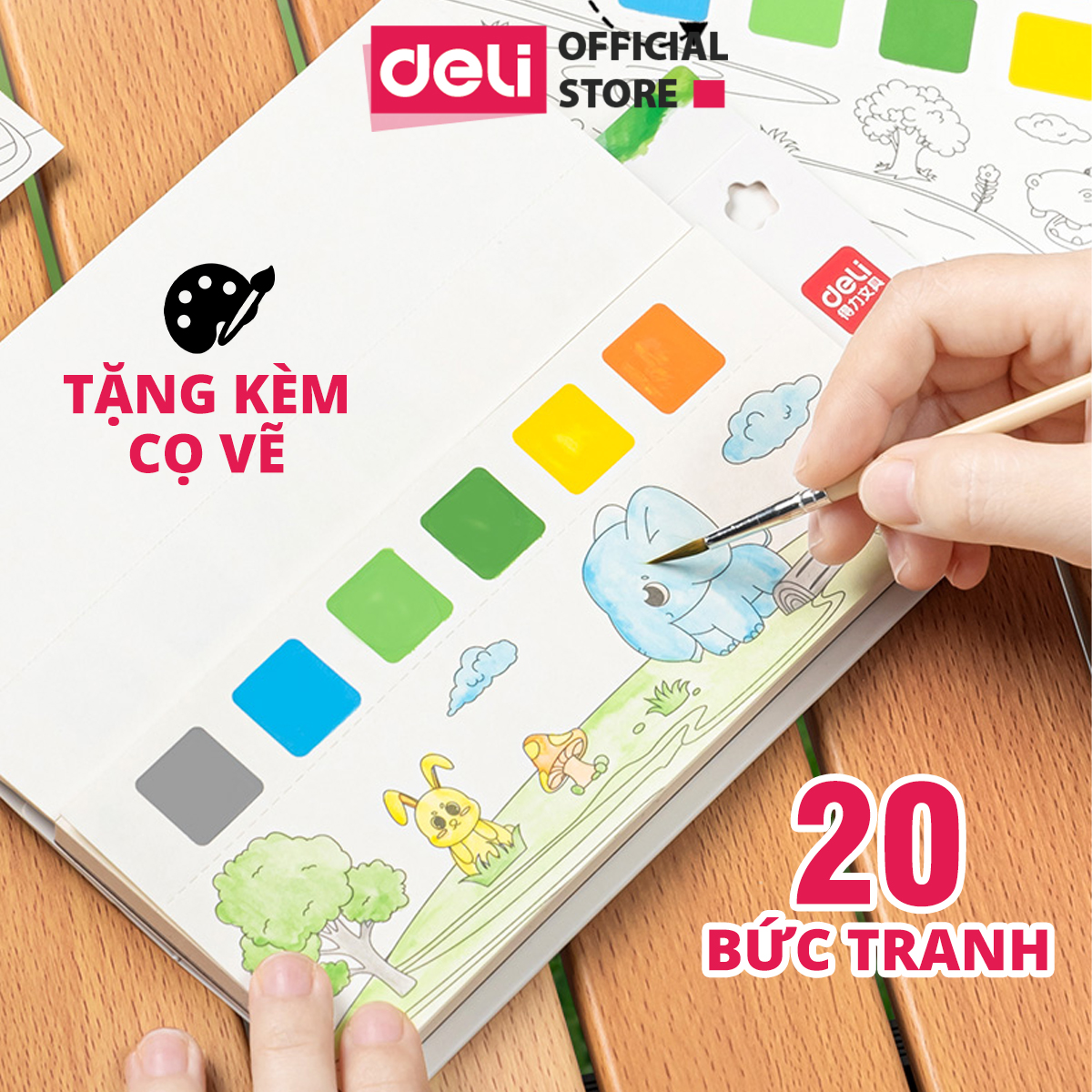 Bộ tranh tập tô màu nước cho bé Deli - 20 tờ - Kèm màu nước và cọ - Rừng Xanh/ Đại Dương - An toàn Sáng tạo học sinh