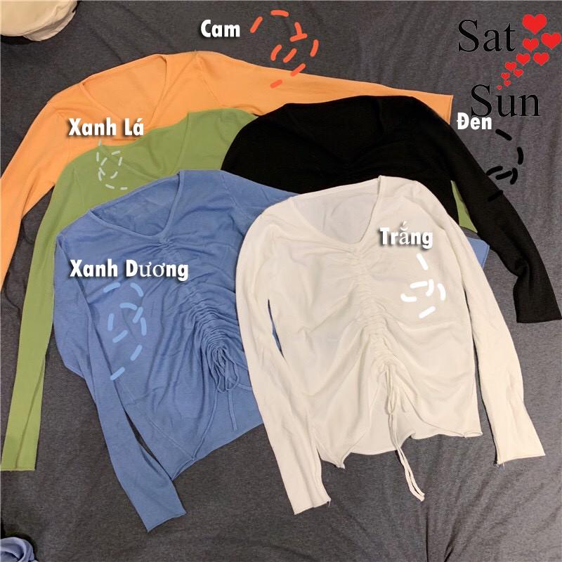 áo thun dài tay nữ thu đông cổ chữ V dây rút tùy chỉnh tạo phong cách SatSun