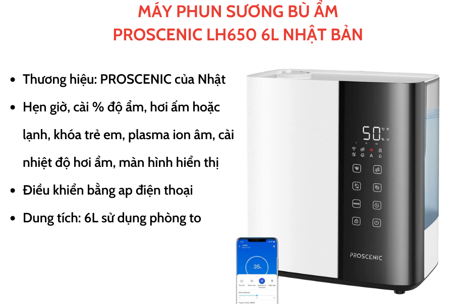 Máy bù ẩm PROSCENIC LH650 dung tích 6L nội địa Nhật - wifi, khóa trẻ em, hen giờ - Hàng chính hãng