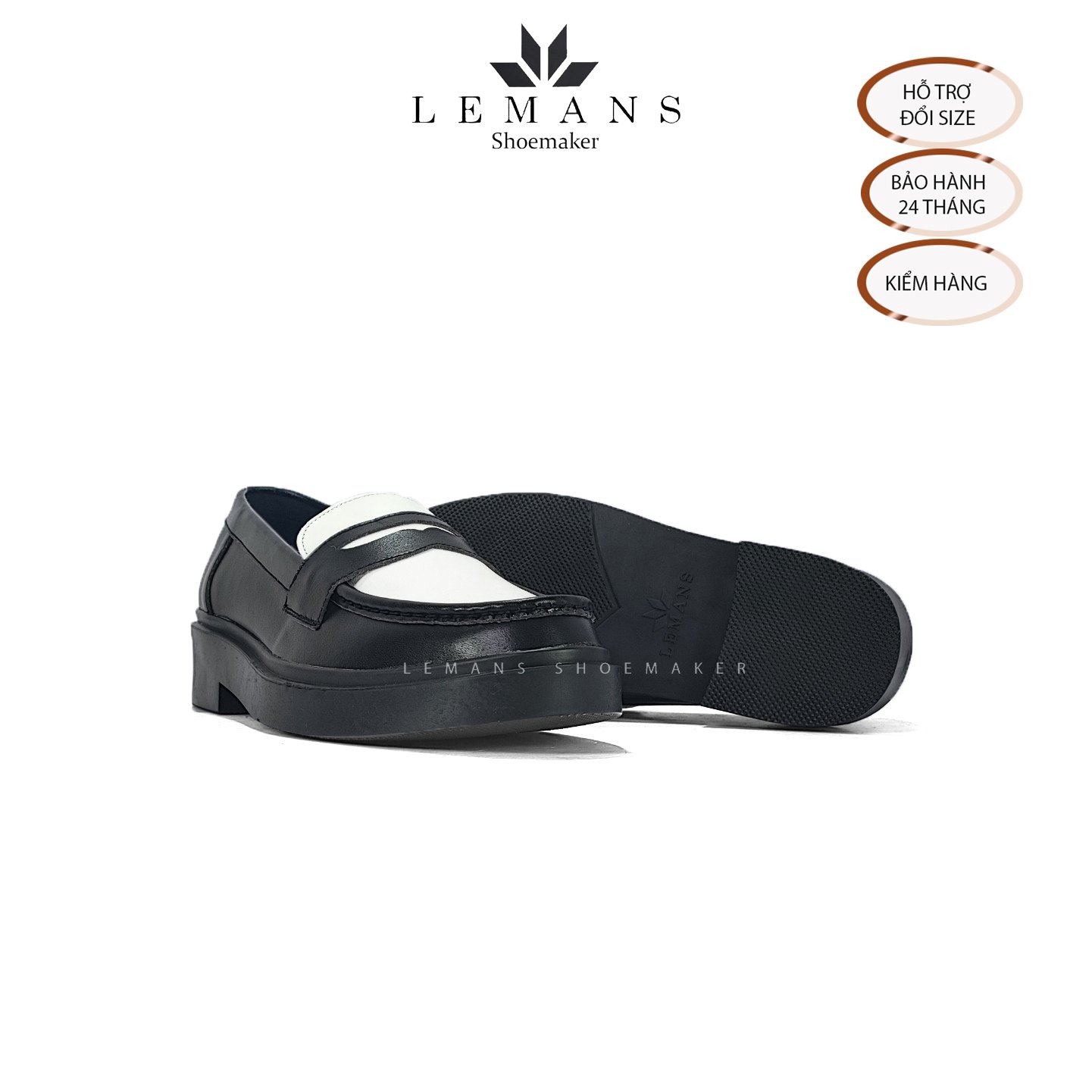 Giày da bò Penny Loafer Black White LEMANS, da bò thuộc nguyên tấm, tăng chiều cao 4cm, bảo hành 24 tháng