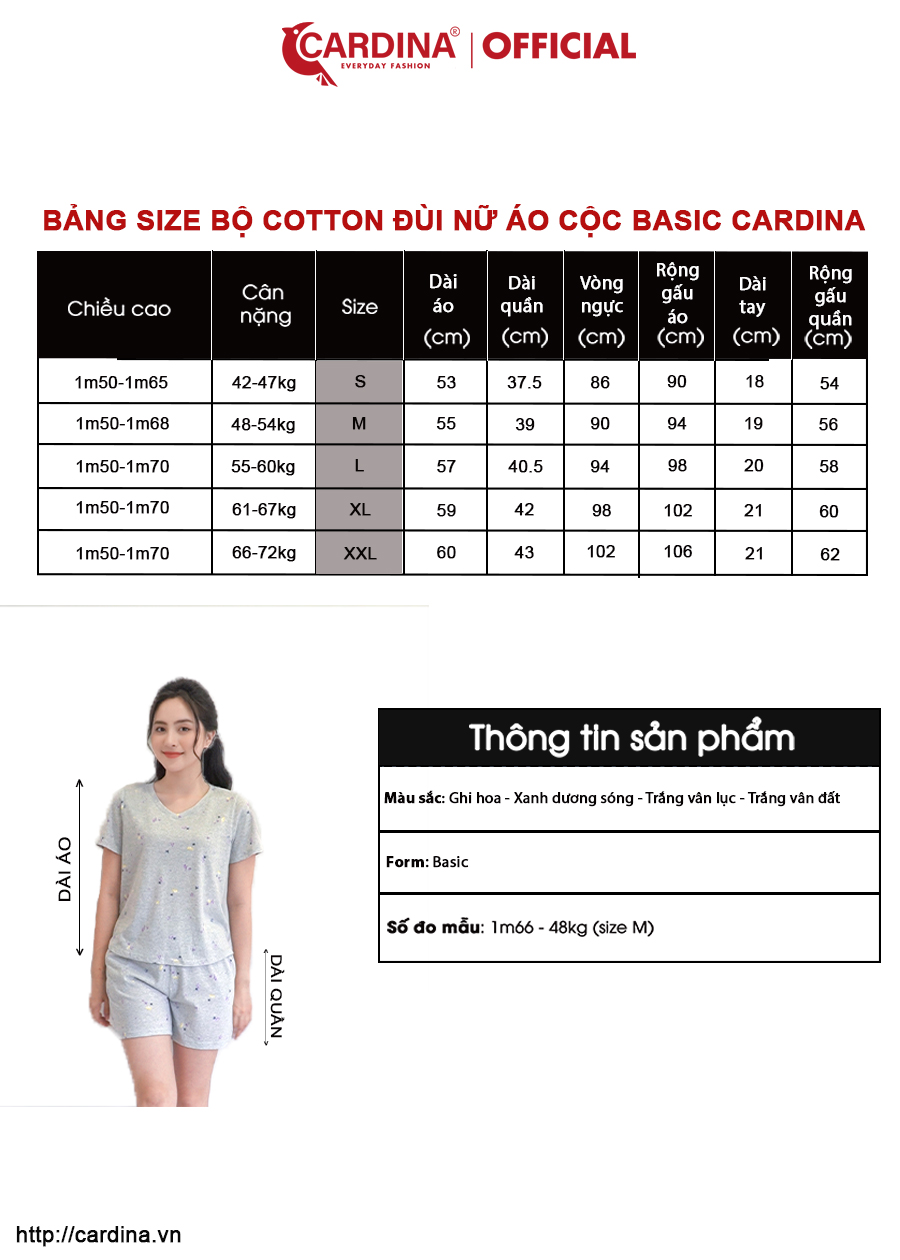 Đồ Bộ Nữ CARDINA Chất Cotton Organic Quần Đùi Áo Cộc Tay Co Giãn Họa Tiết 2CF19
