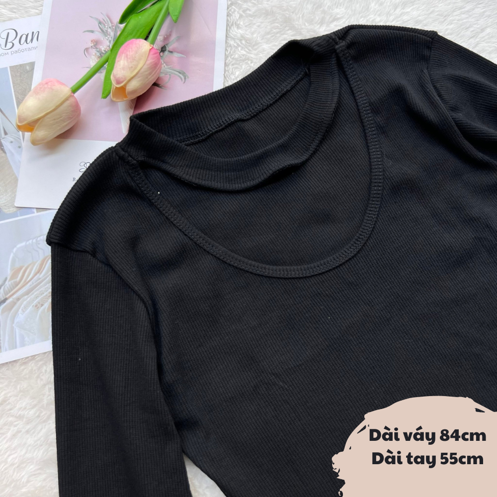 Đầm body dài tay xẻ trước cổ tròn cut-out sành điệu cá tính phong cách Hàn quốc màu đen chất thun gân mịn đẹp mặc đi chơ