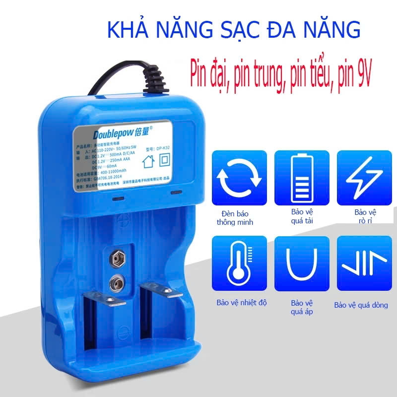 Bộ Sạc Pin Đa Năng Doublepow Thông Minh Bjảo Vệ Pijn, - Tự Ngắt, Đèn Báo, Chất Lượng Cao, ĐÈN TRANG TRÍ