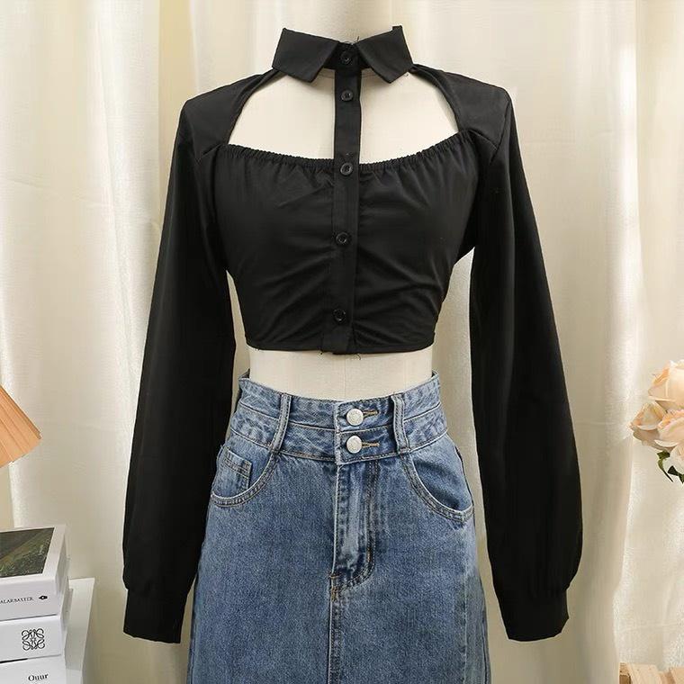 Áo sơ mi croptop nữ dài tay HAGA khoét rúm cầu ngực xẻ hở lưng cột nơ SMBL29