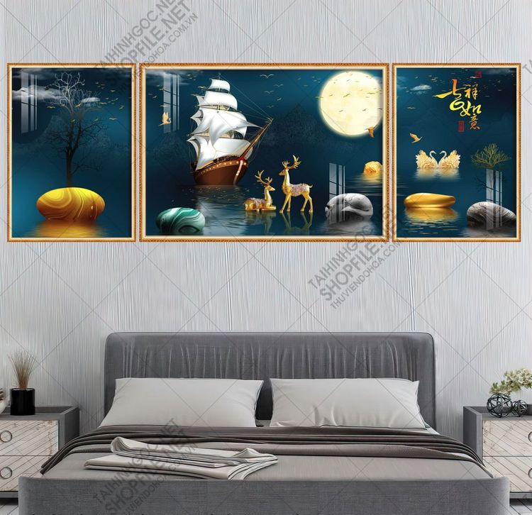 TRANH TRÁNG GƯƠNG - TRANH TREO PHÒNG KHÁCH - TRANH TREO TƯỜNG HƯƠU VUI DƯỚI TRĂNG