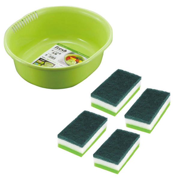 Combo chậu nhựa 5.3L màu xanh + 4 miếng xốp rửa bát một mặt cứng nội địa Nhật Bản