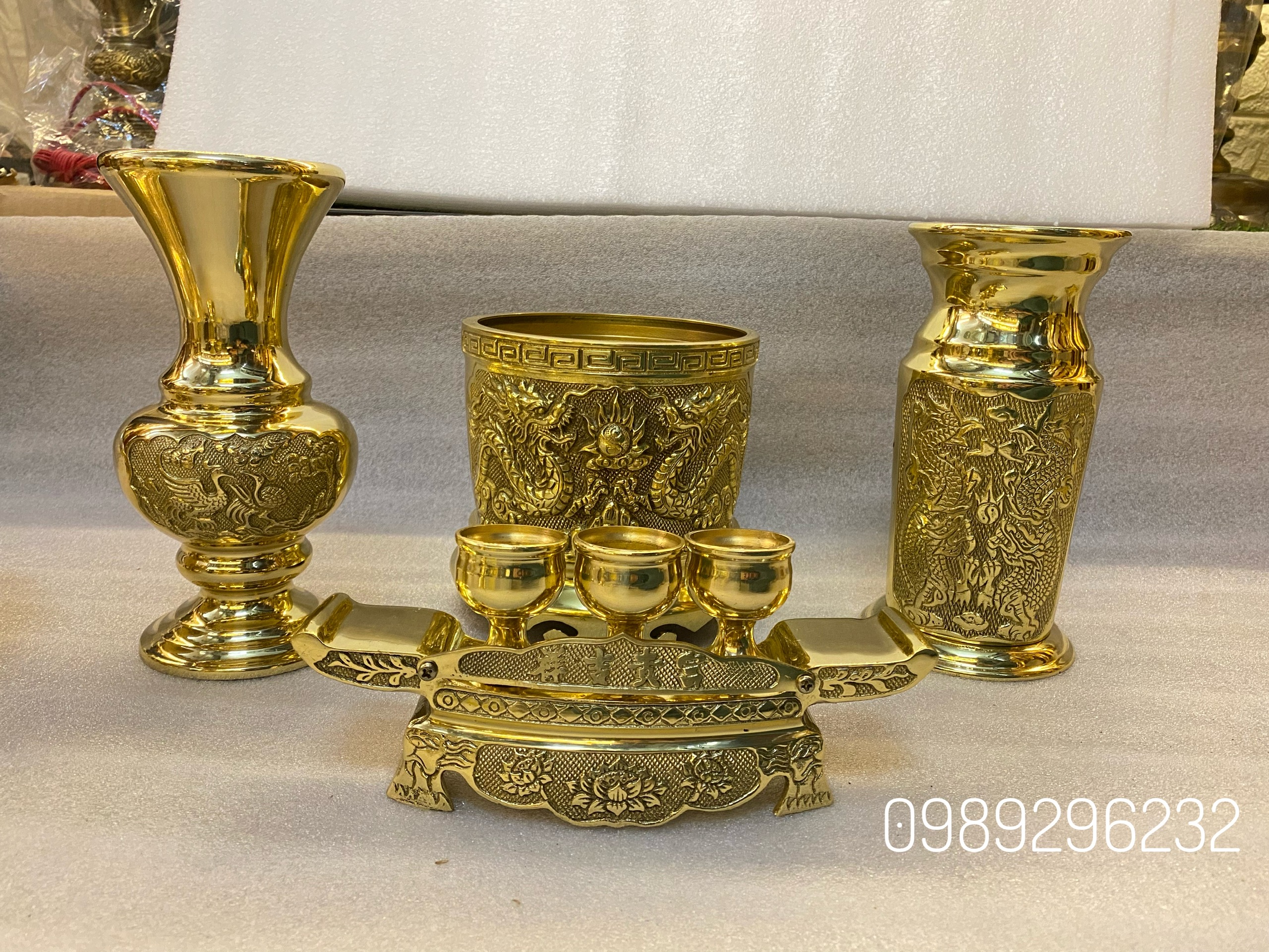 Bộ Đồ Thờ Lọ hoa, ống hương, bát nhang , ngai chén bằng đồng - Combo bộ đồ thờ
