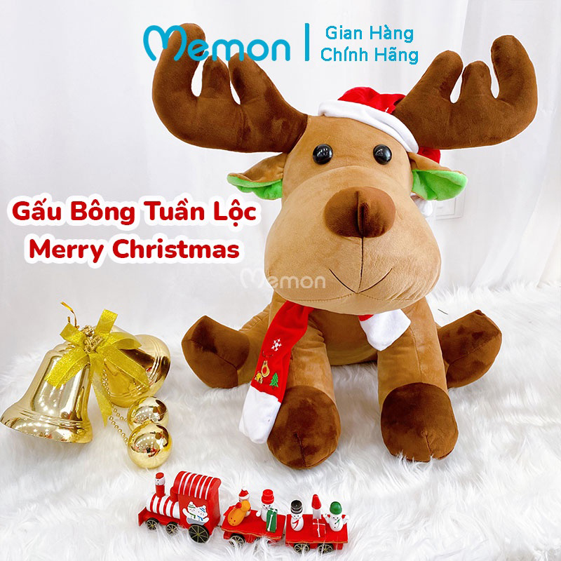 Gấu Bông Tuần Lộc Ngồi Đội Mũ Noel Cao Cấp Memon, Gấu Bông Giáng Sinh Dễ Thương