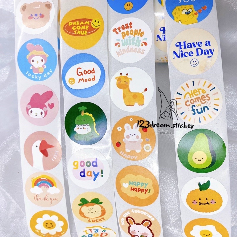 Cuộn 500 tem sticker dán trang trí size 2.5cm mẫu khủng long xanh