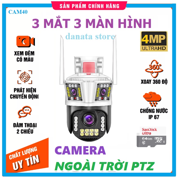 Camera an ninh 3 ống kính 10X Zoom WiFi PTZ đàm thoại hai chiều tự động theo dõi, màu sắc, tầm nhìn ban đêm - Hàng nhập khẩu