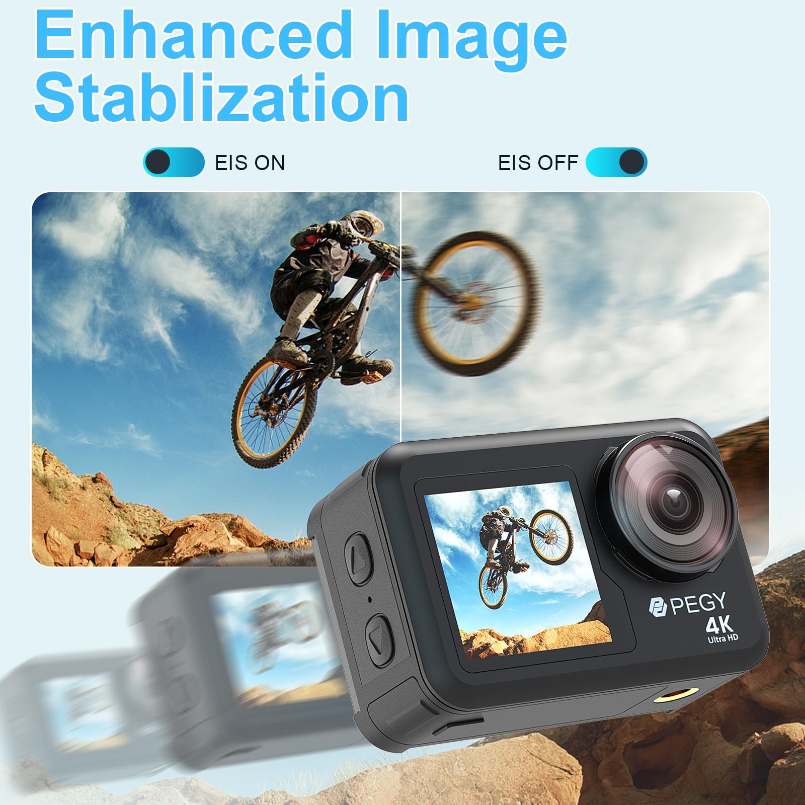 PEGY Dual Màn Hình 4K 60FPS Camera Hành Động Với EIS WiFi Camera Thể Thao Thân Mũ Bảo Hiểm Chống Thấm Nước Quay Video Thẻ Nhớ 32GB