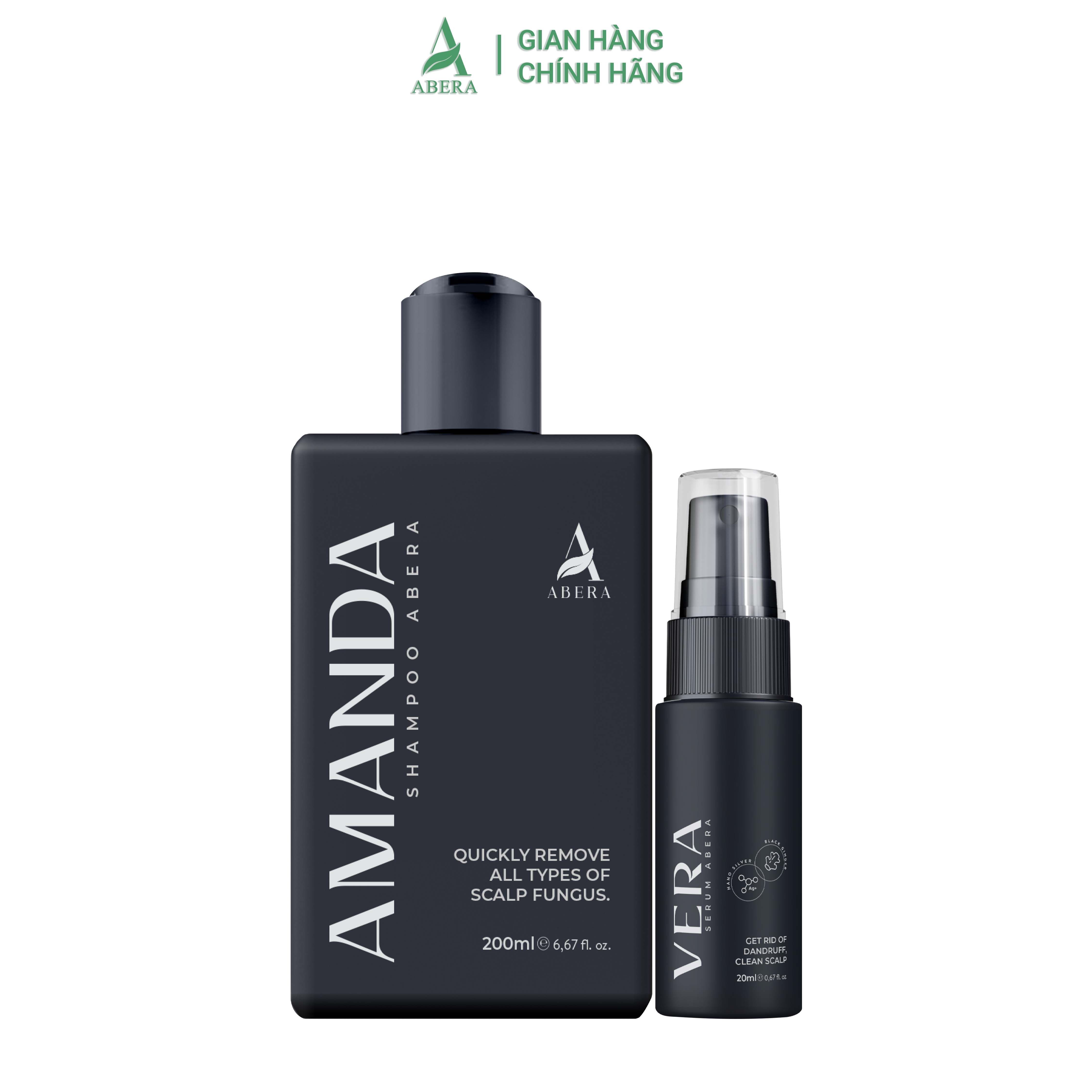 Combo 1 dầu gội Amanda Abera 200ml và 1 serum Vera Abera 20ml xử lý nhanh gàu, ngứa, nấm da đầu với hương thơm nam tính