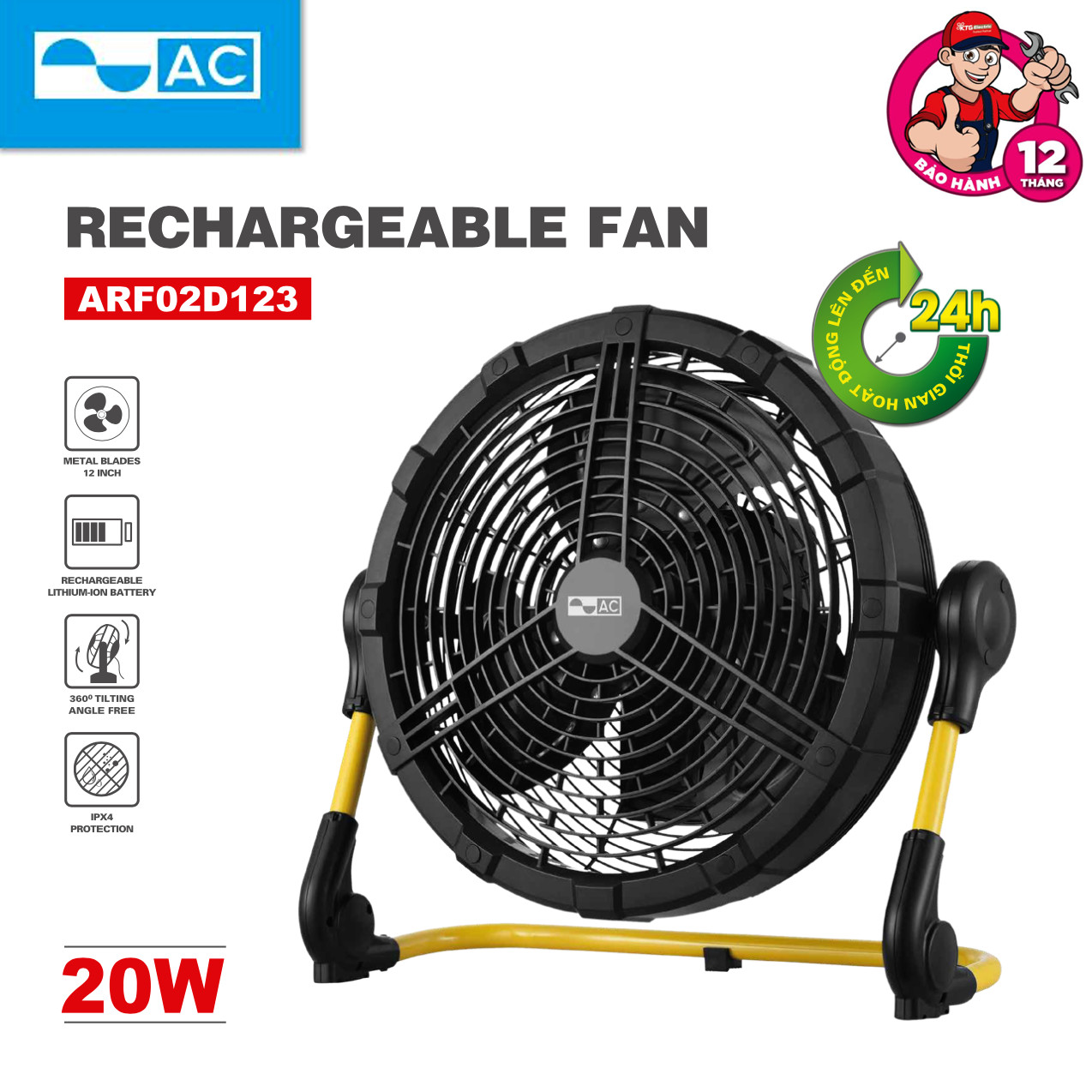 Quạt sạc AC ARF02D123DB (20W), cánh 12 inch - Đen - Hàng Chính Hãng