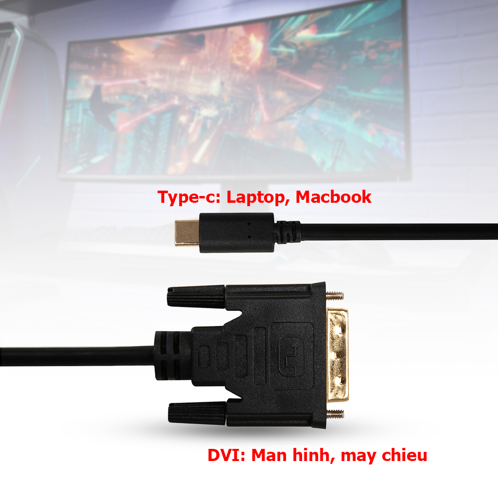 Cáp chuyển tín hiệu Usb Type-c (Thunderbolt 3) ra DVI + 1 cho màn hình, máy chiếu dài 1m8 hỗ trợ độ phân giải 4k*2k