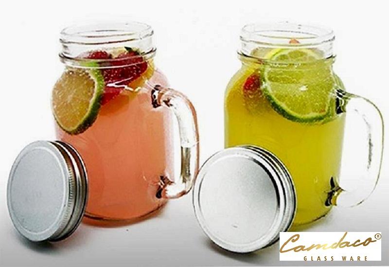 LY THUỶ TINH CÓ QUAI DẠNG LỌ VUÔNG, TRÒN CÓ NẮP VẶN 410ML ĐỰNG TRÀ SỬA, SINH TỐ, NƯỚC ÉP HOA QUẢ...