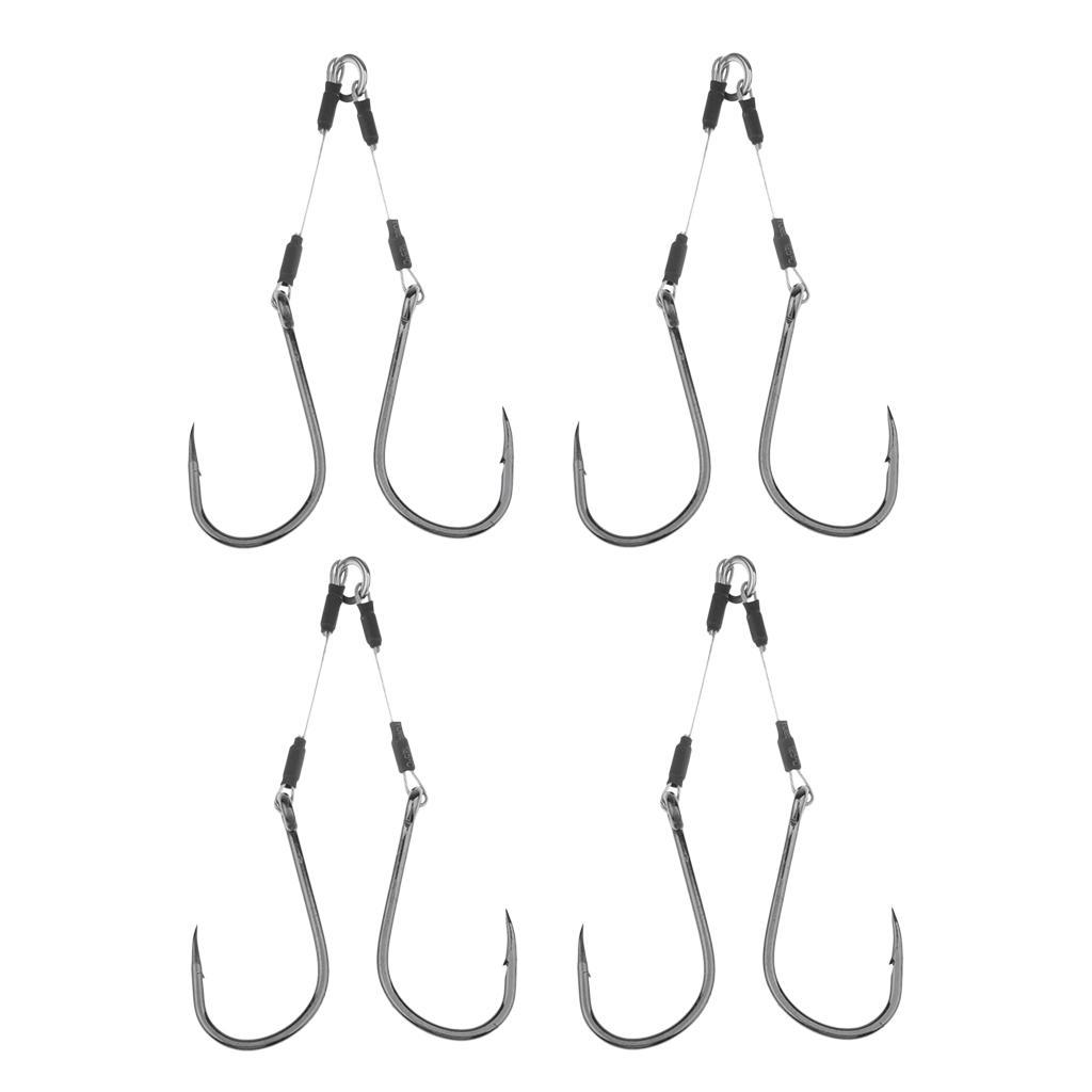 4pcs Dual Assist Hooks Jig Fishing Hooks Fishhook with Steel Wire & Solid Ring, Silver