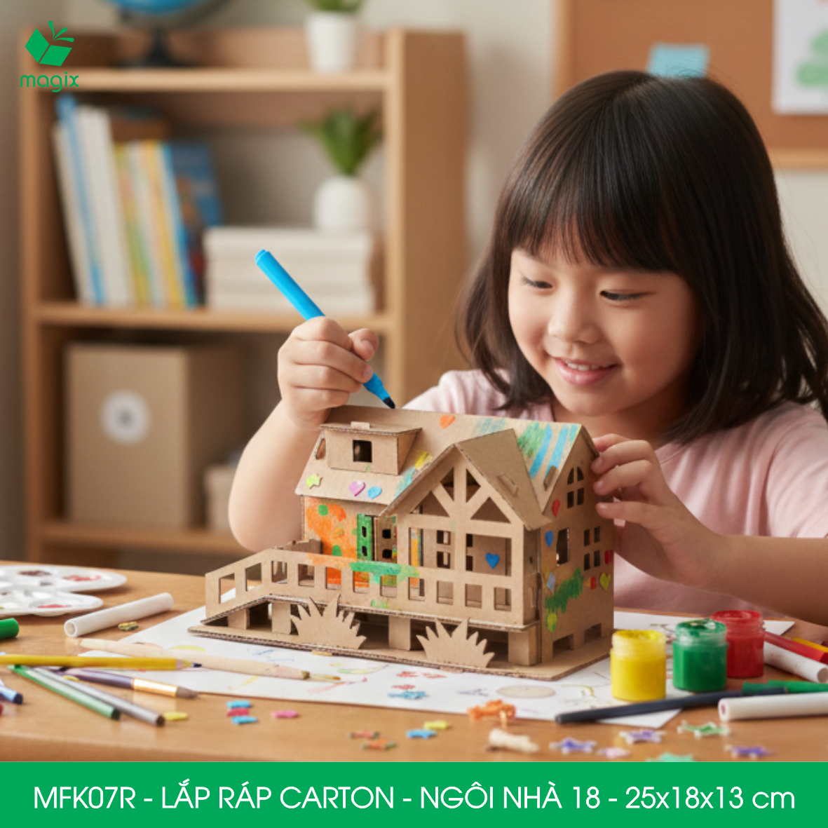 MFK07R - 25x18x13 cm - Mô hình ngôi nhà lắp ráp từ bìa carton cao cấp, nhà giấy carton mini sáng tạo