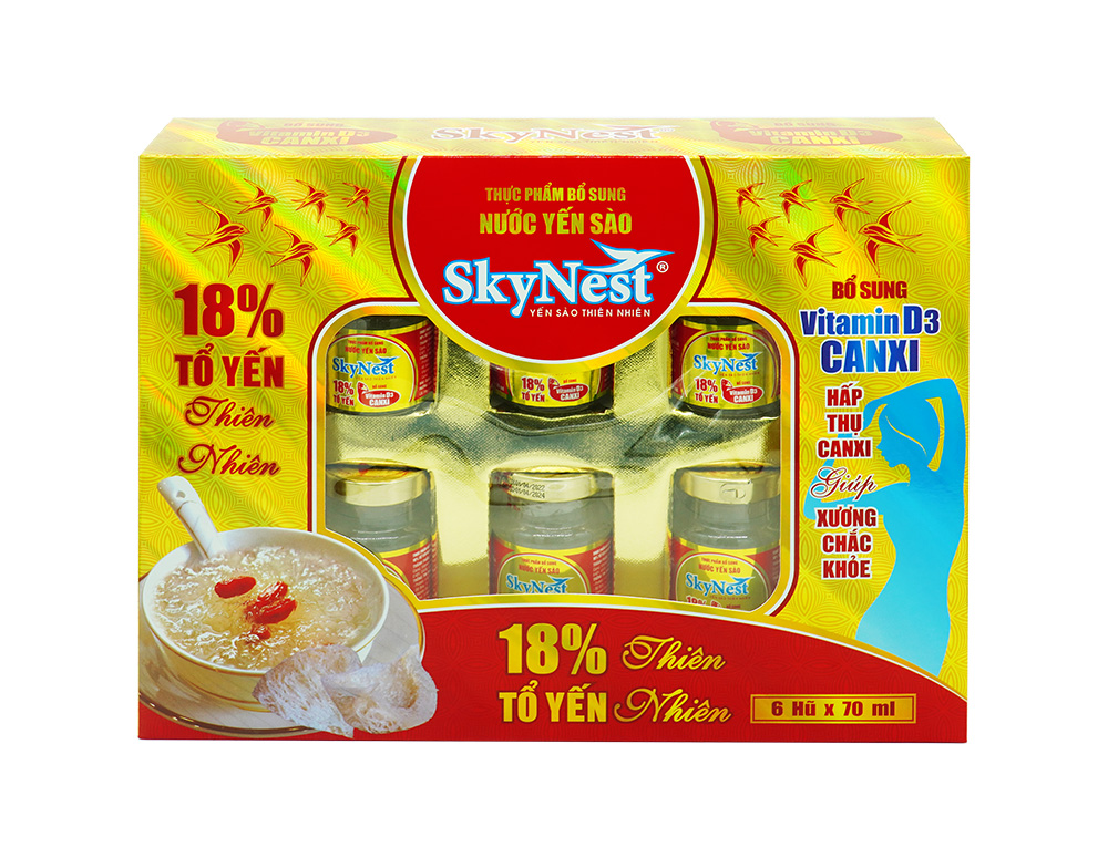 [Tặng kèm túi xách + Hộp quà 6 Lọ x 70ml Nước Yến Sào SkyNest 18% Tổ Yến, bổ sung Vitamin D3, tăng hấp thụ Canxi, giúp xương chắc khỏe