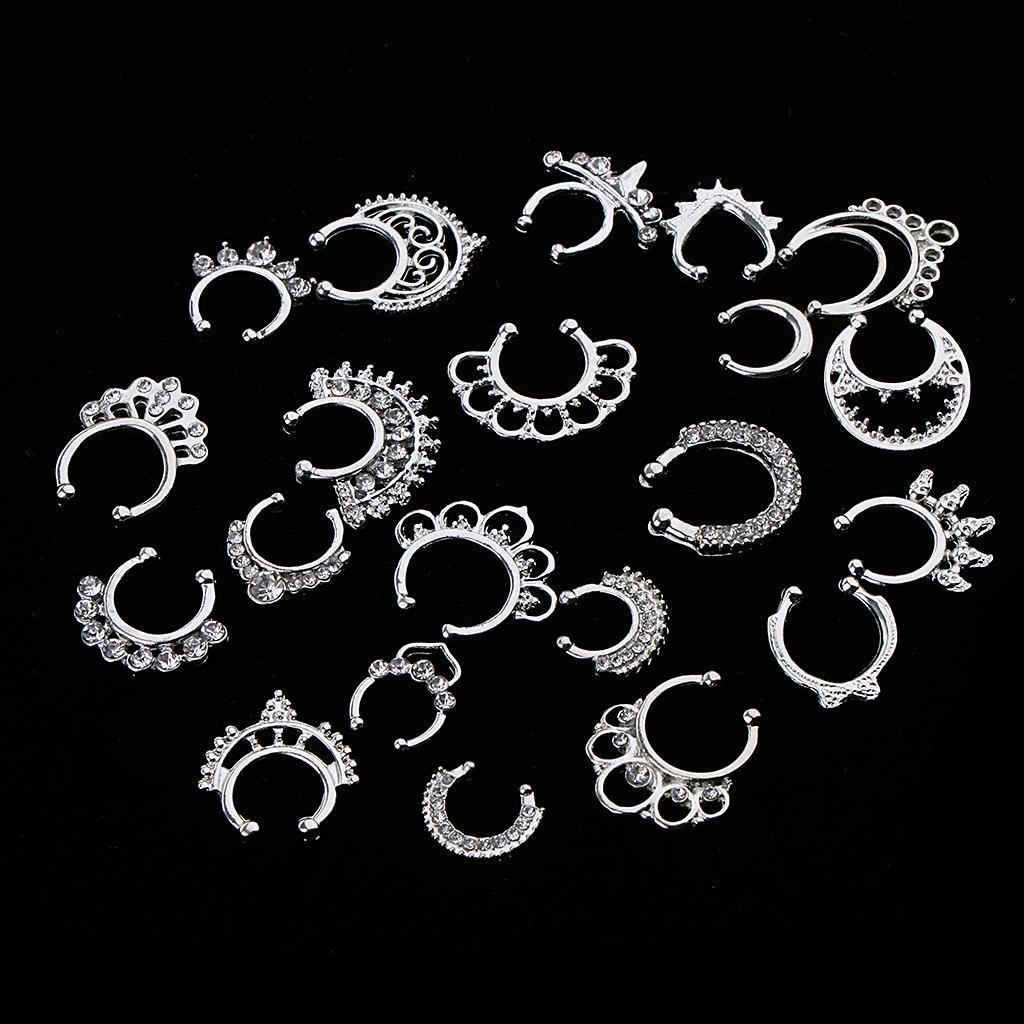 2x21 Pieces Crystal Fake Septum Clicker Nose Ring Non-piercing Silver