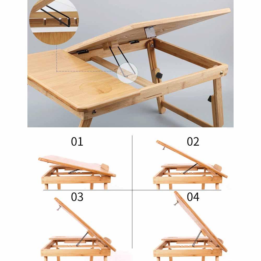 Foldable Bamboo Laptop Table 4-gear Adjustable Laptop Desk with Drawer Cup Slot for 13-15.6 inch Laptop