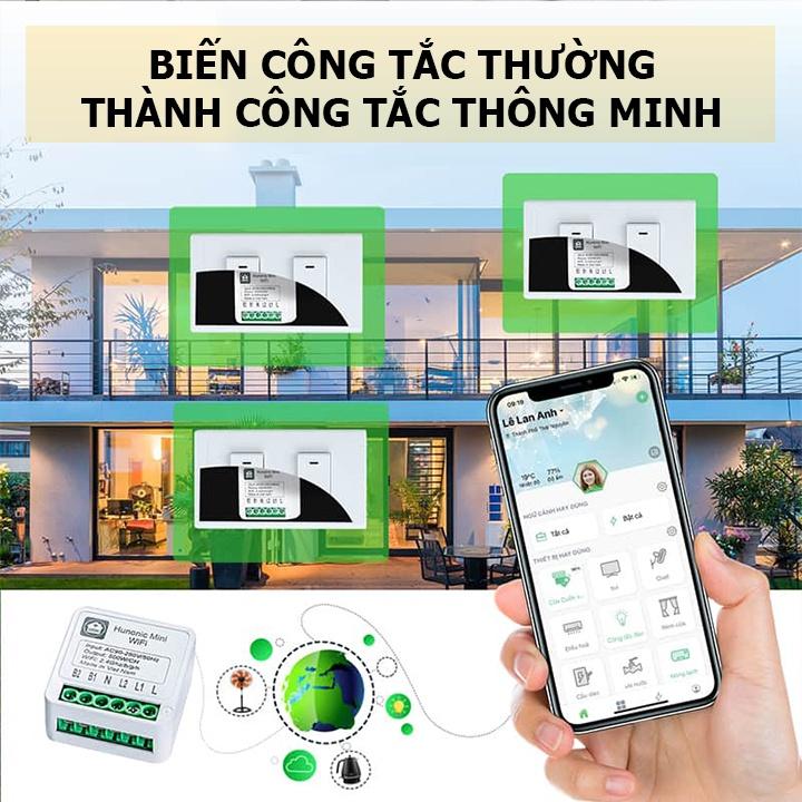 Công tắc Wifi Hunonic Mini 2 kênh 500W/kênh - LẮP SAU CÔNG TẮC ÂM TƯỜNG - Điều khiển từ xa bằng điện thoại