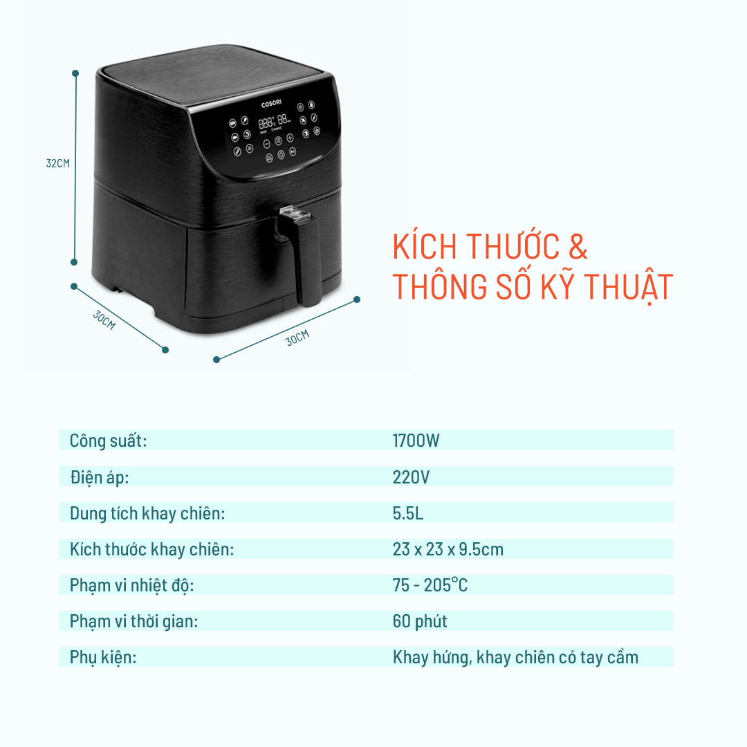 NỒI CHIÊN KHÔNG DẦU ĐIỆN TỬ COSORI (AIR FRYER) 5.8 Qt / 5.5 LÍT- HÀNG CHÍNH HÃNG