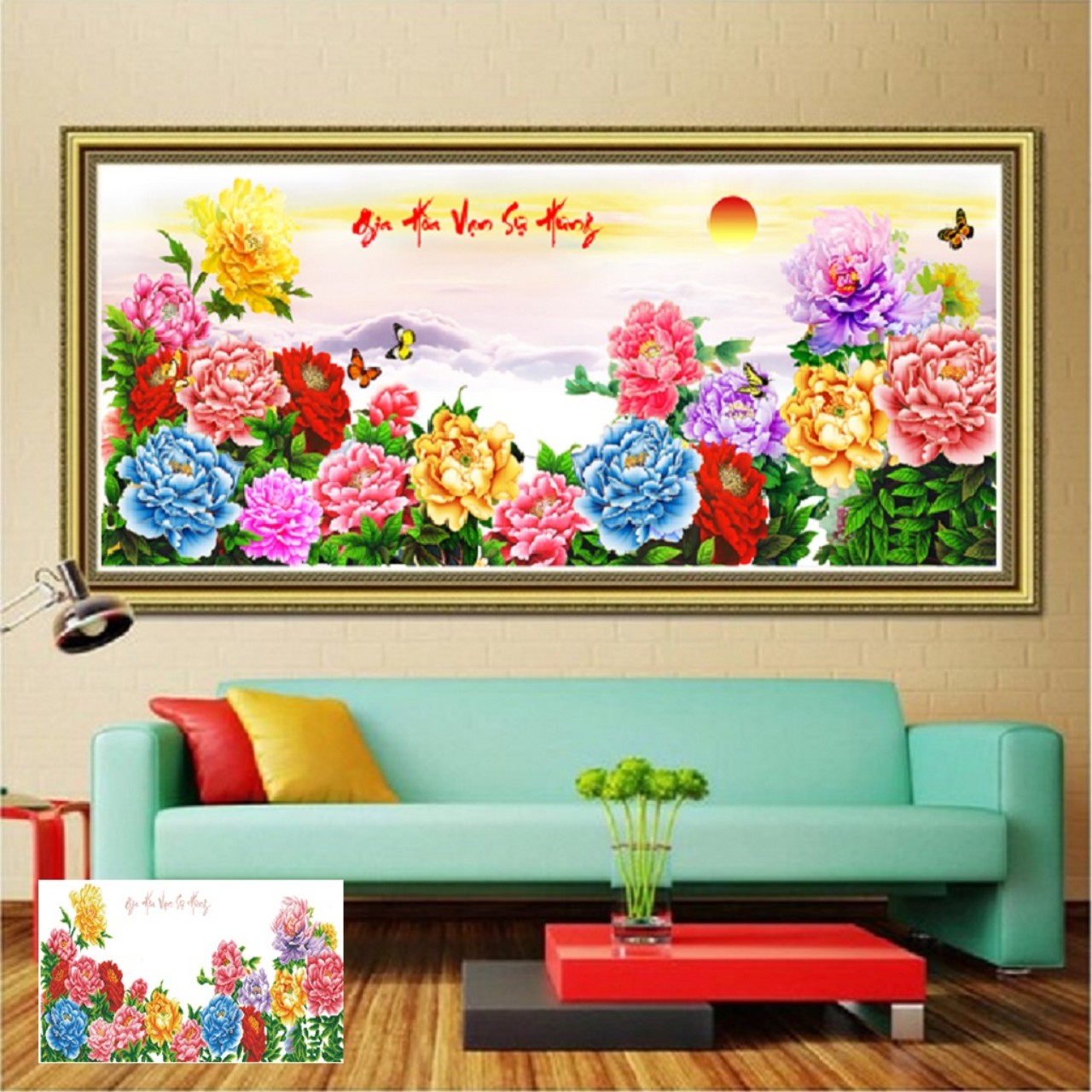Tranh đính đá Gia hòa vạn sự hưng 120x56cm - chưa đính