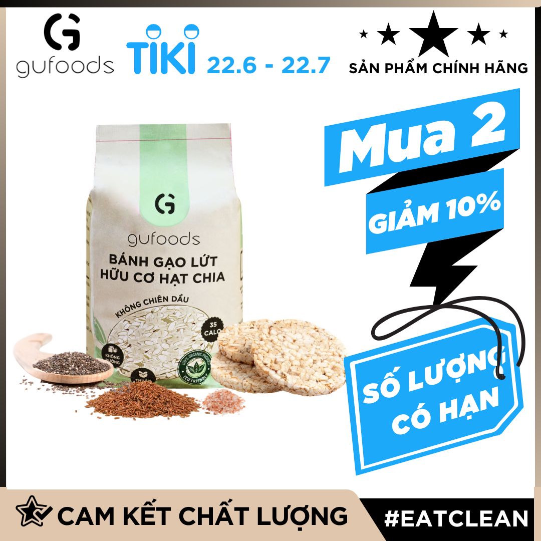 Bánh gạo lứt ăn kiêng hữu cơ hạt chia GUfoods - Hạt chia organic, Không đường, Thuần chay