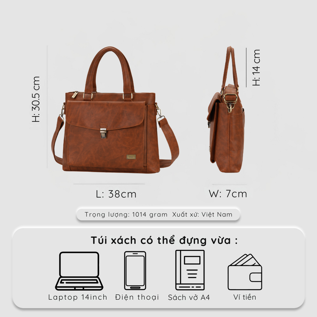 Túi xách công sở nam nữ đựng laptop 14 inch, túi đựng máy tính đeo vai nhiều ngăn, chứa được tài liệu A4 IDIGO UB2 - 6032