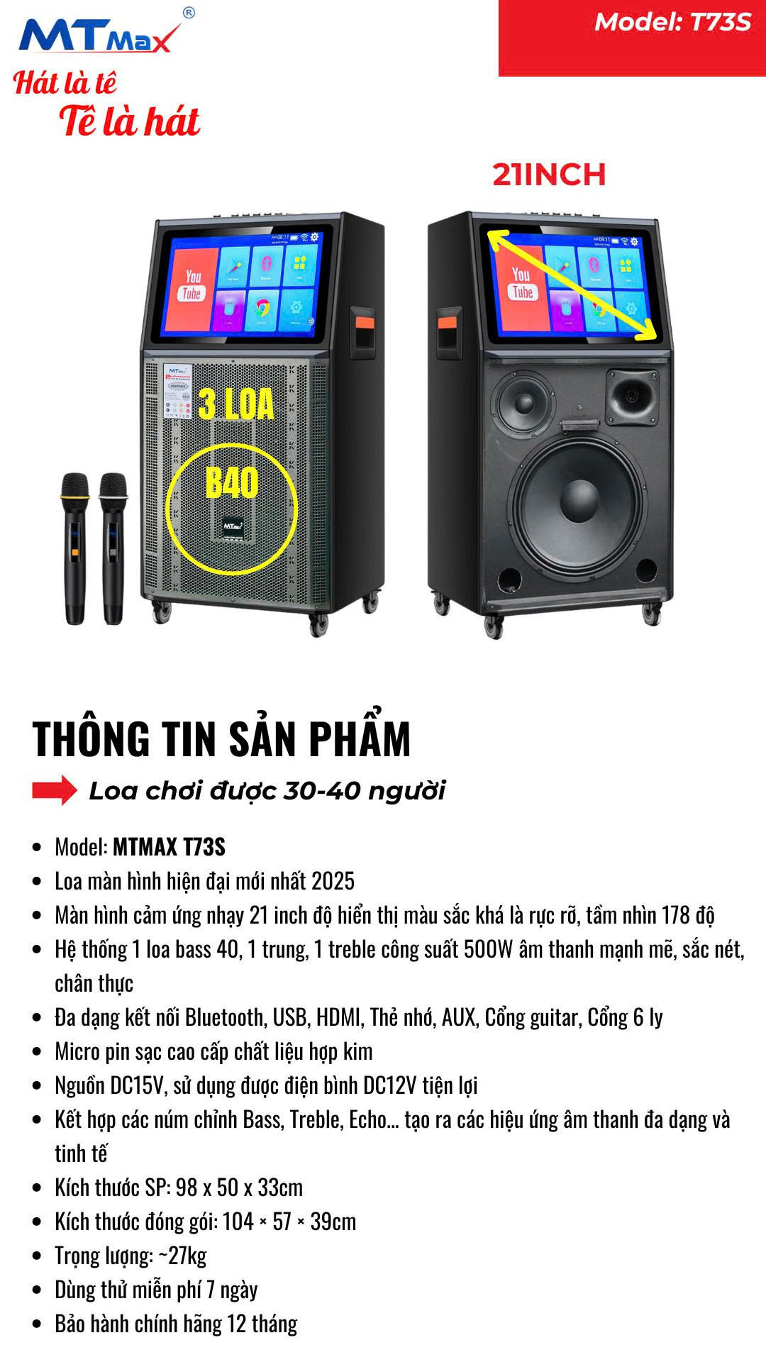 Loa Màn Hình MTMAX T73S Bass40 Màn Hình 21inch Công suất 500W Đi Kèm Cặp Micro Sang Trọng Chống Hú Cao Cấp hàng chính hãng