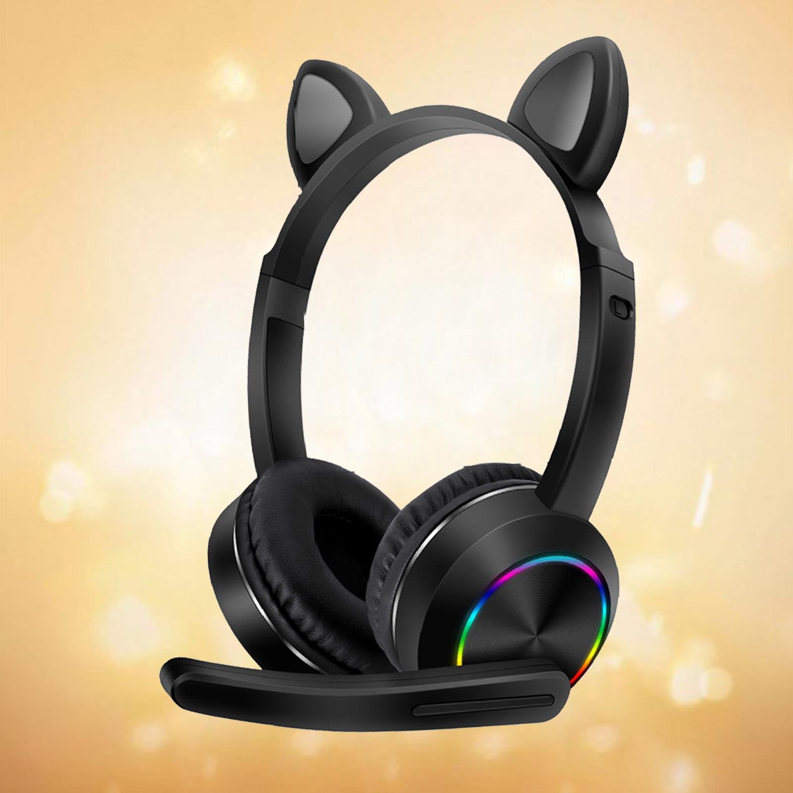 Bluetooth Headphones LED Light up Cat Ear Headset Earphones w/Mic Black