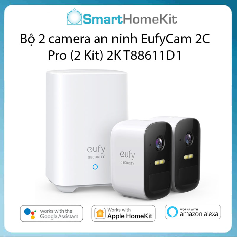 Bộ 2 camera an ninh Eufy Cam 2C Pro (2 Kit) 2K T88611D1 Chống nước chuẩn IP67 Tích hợp đèn Spotlight chiếu đêm - Hàng Chính Hãng