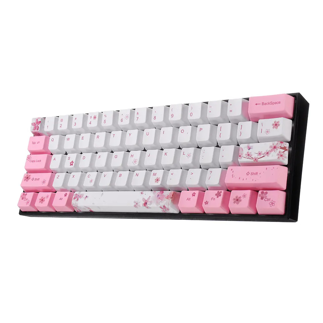 Bộ Keycap (mũ phím) PBT 61 phím – Chính hãng Royal Kludge. Hoạ tiết Sakura - Hoa anh đào. Công nghệ in Dye – sub, bền đẹp. Dành cho bàn phím cơ 61 phím. OEM Profile.