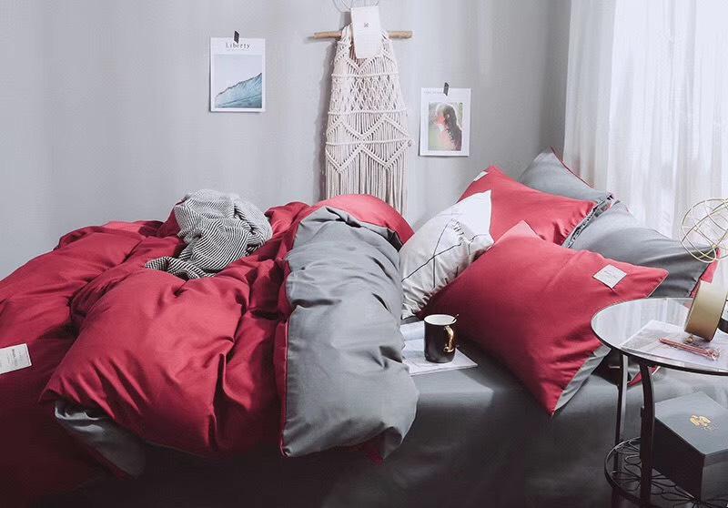 Bộ Chăn Chần Ga Gối Cotton Tici LIDACO - Đỏ Đô Ga Xám