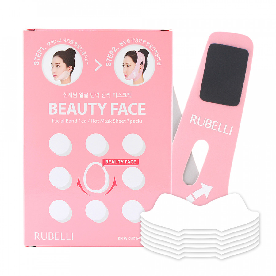 Mặt nạ thon gọn mặt Rubelli V-Line Face Hàn Quốc (1 hộp gồm 7 miếng mặt nạ nóng + 1 đai định hình mặt)