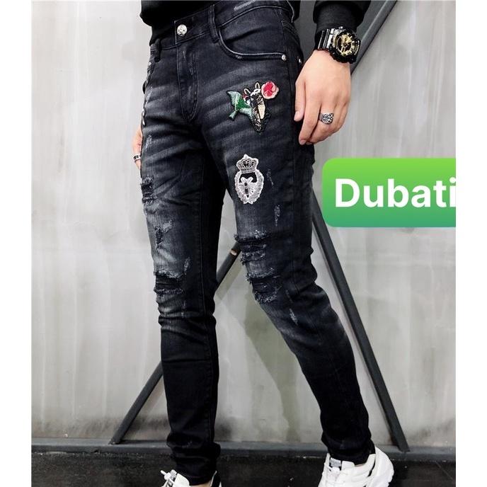 Quần Jeans Nam Chất Bò Đen, Quần Baggy Nam Đen Thêu Hình Mèo Hoa Wash Rách - DB 450- DUBATI FASHION